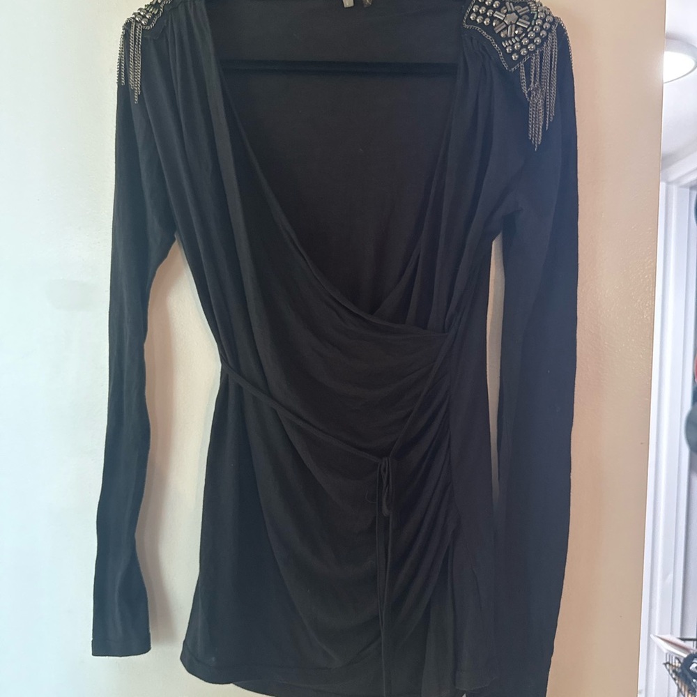 Anama Black Navy Blue long sleeve Top with Embellished Shoulders XL